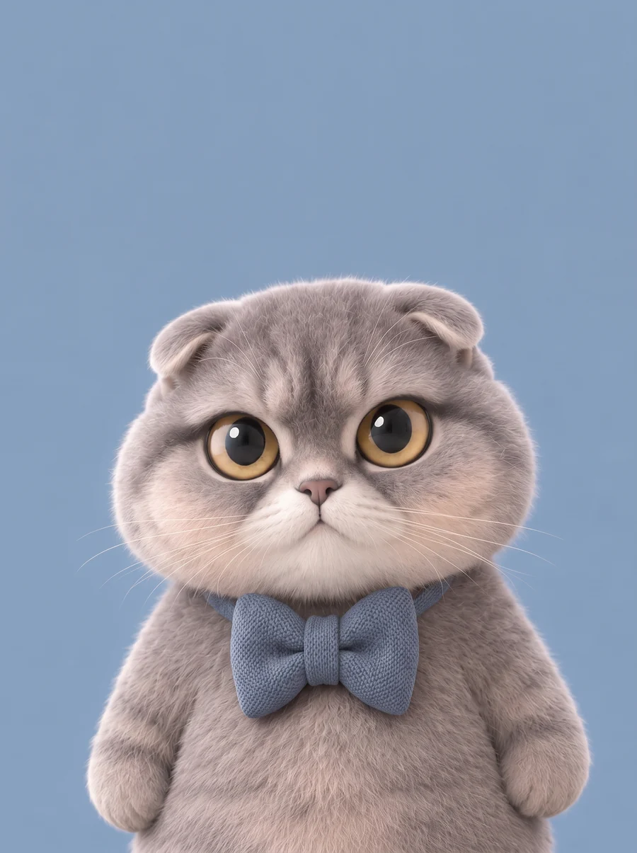 Mochi, a round grey cat with folded ears and a blue knit bow tie, looking unimpressed